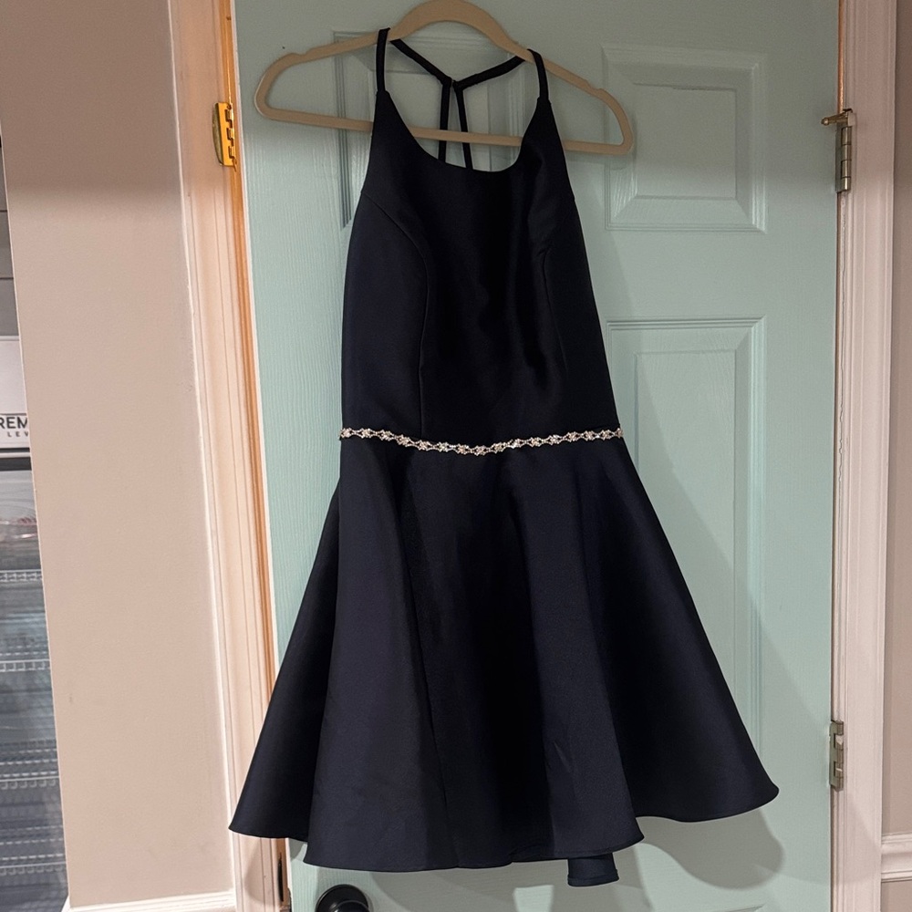 Elegant Navy Dress with Embellished Waist